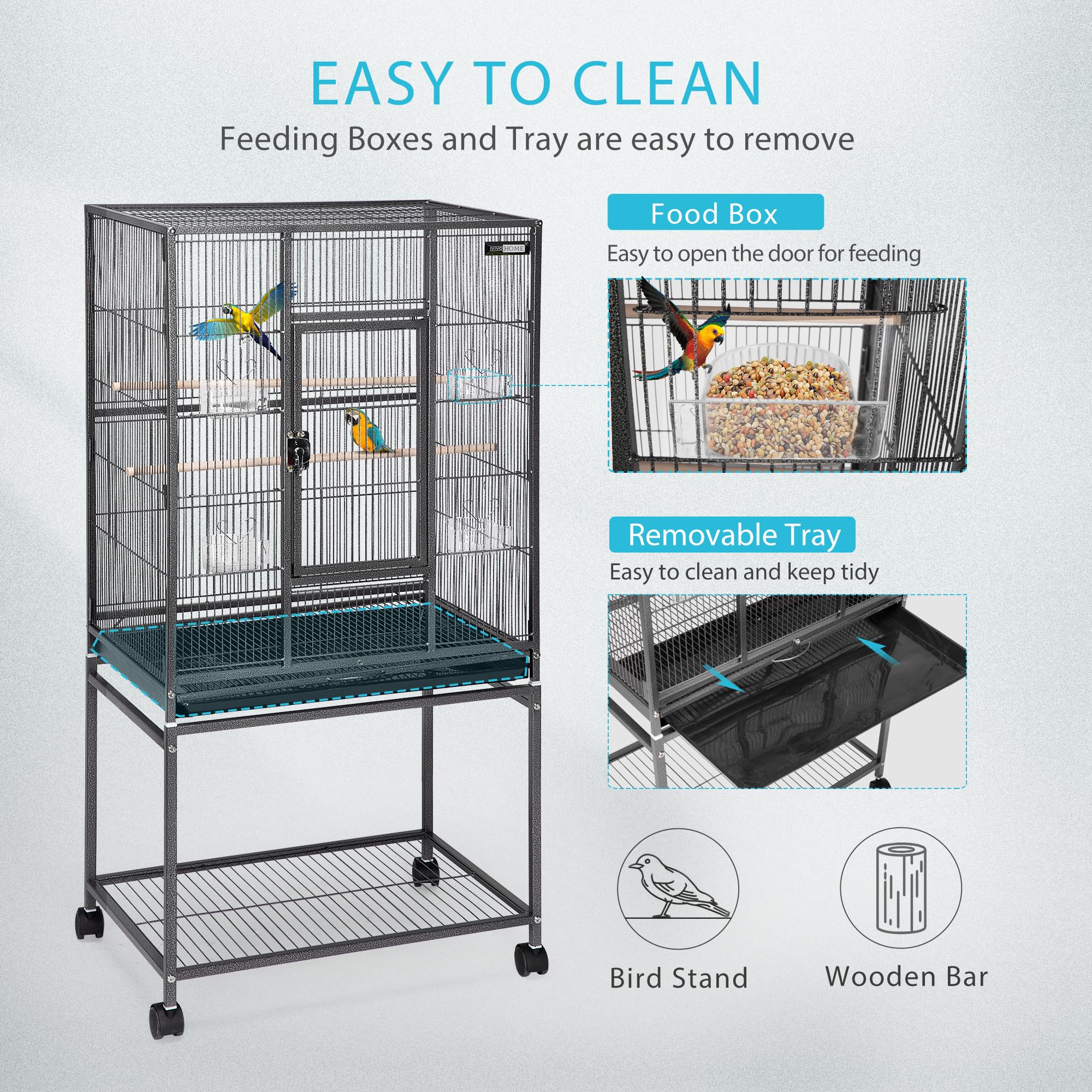 VIVOHOME 54 Inch Wrought Iron Large Bird Flight Cage with Rolling Stand for Parakeets Canaries Cockatiels Lovebirds Conures, Bla